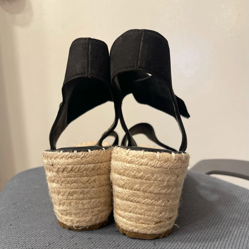 Eileen Fisher Black Wedge Leather Espadrille Sandals with Ankle Strap